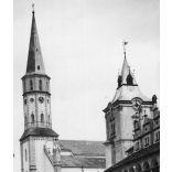 A lőcsei Szent-Jakab templom és a városháza, Lőcse, Felvidék, utcakép, Horthy-korszak, építészet, templom, egyház, vallás, helytörténet, 1935., 1930-s évek, Eredeti fotó, papírkép.   