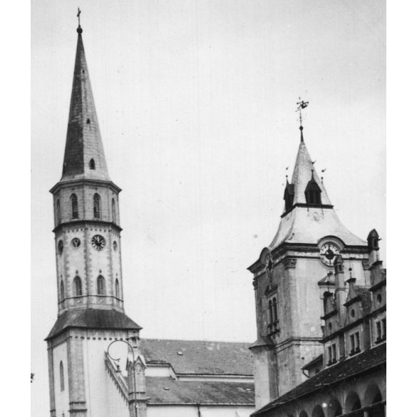 A lőcsei Szent-Jakab templom és a városháza, Lőcse, Felvidék, utcakép, Horthy-korszak, építészet, templom, egyház, vallás, helytörténet, 1935., 1930-s évek, Eredeti fotó, papírkép.   