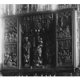 A Szent Jakab-templom főoltára, a lőcsi Pál mester alkotása, Lőcse, Felvidék, utcakép, Horthy-korszak, oltár, templom, egyház, vallás, helytörténet, 1935., 1930-s évek, Eredeti fotó, papírkép.   