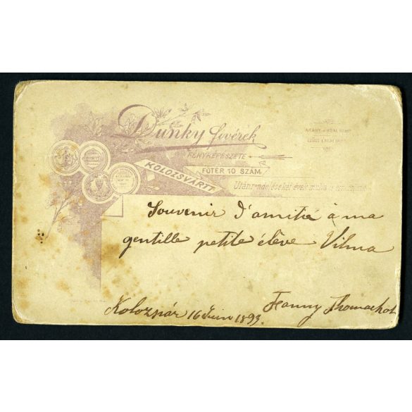 Dunky fivérek műterem, Kolozsvár, Erdély, elegáns hölgy portréja, 1893, 1890-es évek, Eredeti CDV, hátulján feliratozott vizitkártya fotó.   