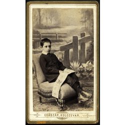   Császár műterem, Kolozsvár, Erdély, fiú képeskönyvvel, különös festett háttér, monarchia, 1880-as évek, Eredeti CDV, vizitkártya fotó.   