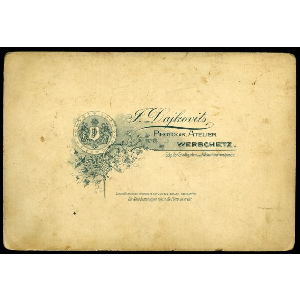 Dajkovits műterem, Versec, Vajdaság, szakállas úr cvikkerrel, monarchia, helytörténet, 1890-es évek, Eredeti  kabinetfotó.   