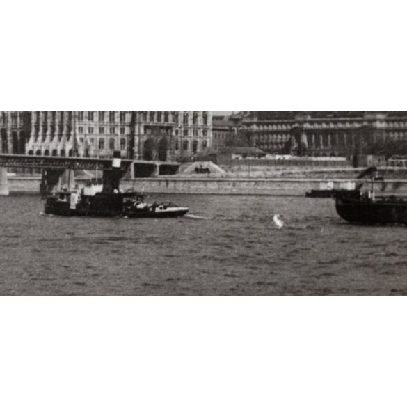 Kossuth híd, a Kossuth és a Batthyány tér között, Budapest, utcakép, parlament, Duna, épületek, hajók, uszály, helytörténet, 1950., 1950-es évek, Eredeti fotó, papírkép.   