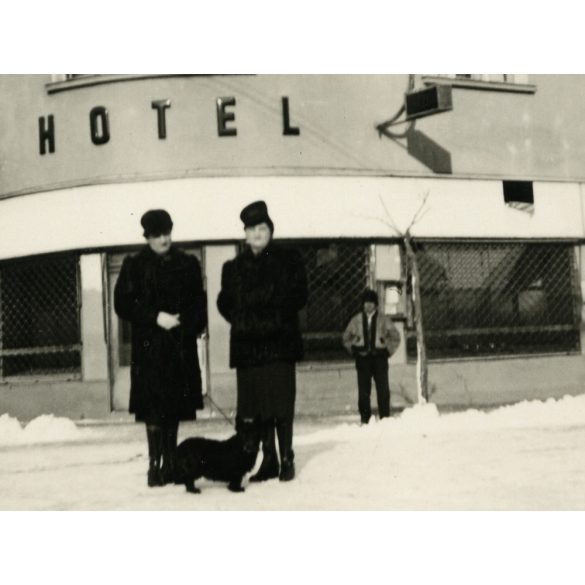 Elegáns hölgyek a Hotel előtt, Rahó, Kárpátalja, kutya, utcakép, Horthy-korszak, 1940-es évek, Eredeti fotó, papírkép. 