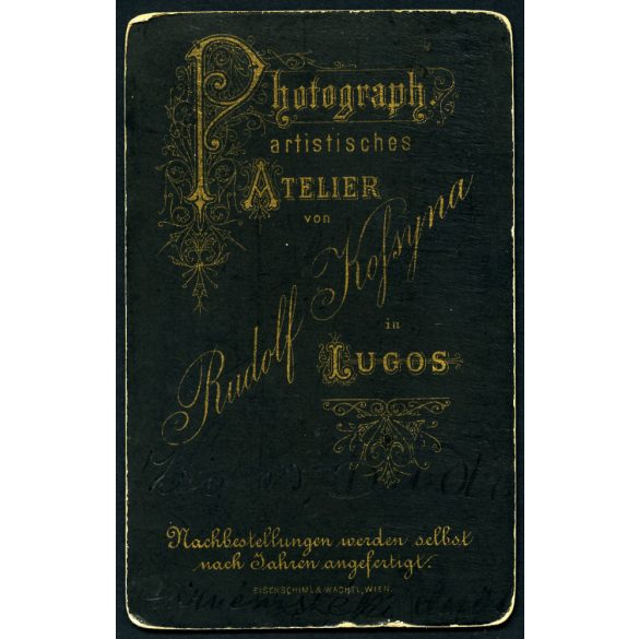 Kofsyna műterem, Lugos, Erdély,  hátoldalon nevesített elegáns fiatalember, férfi portréja, 1890-es évek, Eredeti CDV, hátulján feliratozott vizitkártya fotó (Zsinas Dudi ((?)) törvényszéki elnök).  
