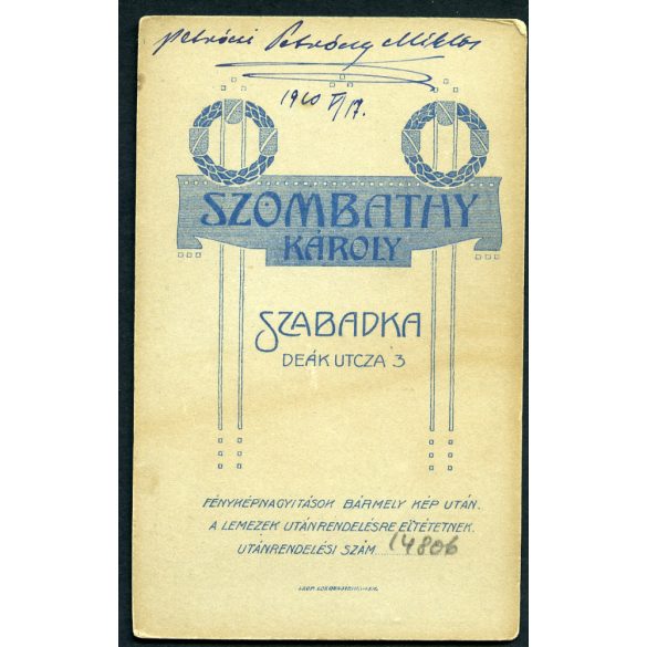Szombathy műterem, Szabadka, Vajdaság, petróczi Petróczy Miklós katonai (?) egyenruhában, bajusz, 1. világháború, monarchia, 1910., 1910-es évek, Eredeti CDV, hátulján feliratozott, szignózott vizitká