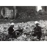 Nagyobb méret, Szendrő István fotóművészeti alkotása, kukoricafosztás a tanyán, népviselet, néprajz, udvar, 1930-as évek. Eredeti, pecséttel jelzett fotó, papírkép. Dekorációnak, ajándéknak is kiváló.