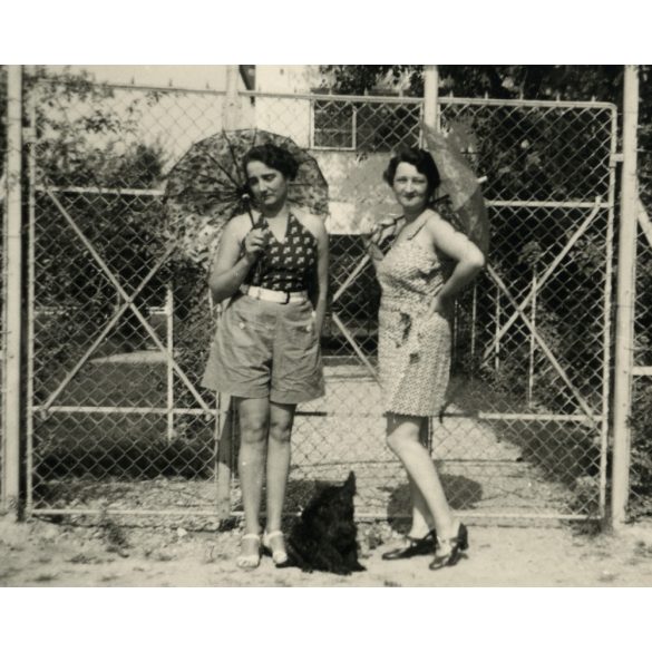 Elegáns nők napernyővel, modern ruhákban, kutyával, Arad, Erdély, utcakép, épület, Horthy-korszak, helytörténet, 1930-as évek, Eredeti fotó, papírkép, hátulján ragasztásnyomok.   