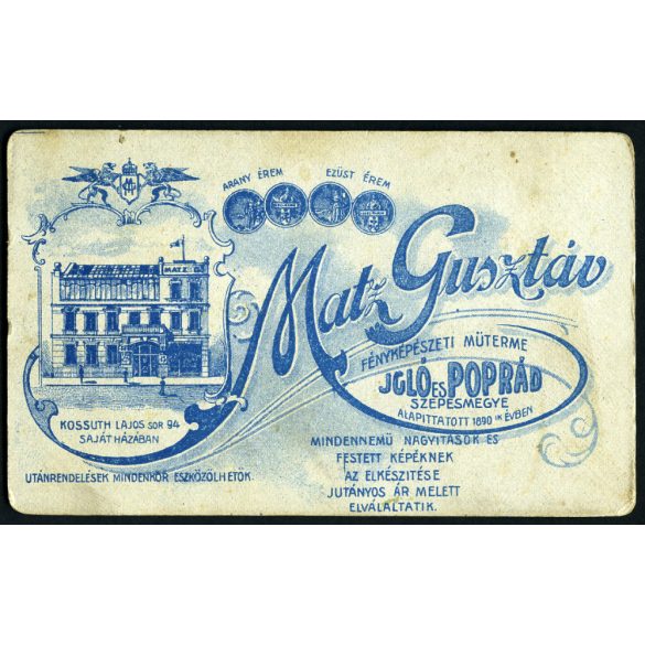Matz Gusztáv műterme, Igló és Poprád, fiatal nő nyaklánccal, monarchia, helytörténet, 1890-es évek, Eredeti CDV, vizitkártya fotó, hátoldalán a Mester üvegműterme.  