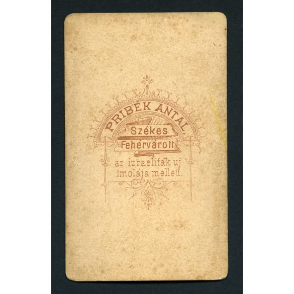 Pribék Antal műterme az izraeliták új imolája mellett, Székesfehérvár, elegáns nő portréja, monarchia, helytörténet, Fejér megye, 1870-es évek, Eredeti CDV, vizitkártya fotó.   