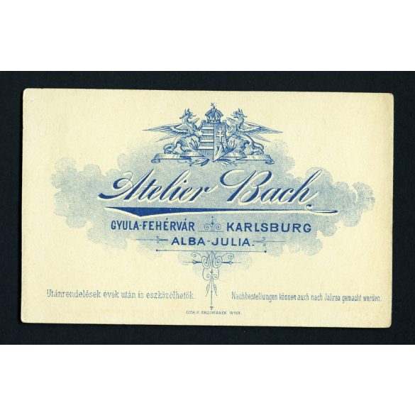 Bach műterem, Gyulafehérvár, Erdély,  elegáns nő portréja, monarchia, 1890-es évek, Eredeti CDV, vizitkártya fotó.   méret megközelítőleg (centiméterben): 6.8 x 10.8  Használt! Eredeti nagyítás! Nem r