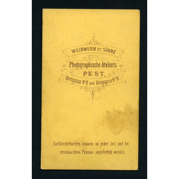 Weinwurm et Söhne műterem, Pest, elegáns nő csodálatos hajjal, különös fülbevalóval, monarchia, 1860-as évek, Eredeti CDV, vizitkártya fotó, alján pici foltok.  