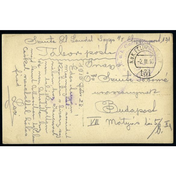 Tábori posta Budapestre, a Mátyás tér 5/b-be címezve, magyar katona, Szinte László egyenruhában, 1. világháború, monarchia, Józsefváros, helytörténet, 1916. február 28., 1910-es évek, Eredeti fotó, há