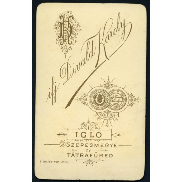 ifj. Divald Károly műterme, Igló és Tátrafüred, Felvidék, elegáns nő különös patkóval a nyakában, medál, portré, 1880-as évek, Eredeti CDV, vizitkártya fotó.   