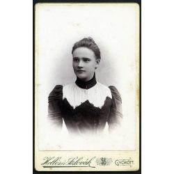   Hollós és Szlovák műterem, Győr, elegáns nő gyönyörű ruhában, 1900, 1900-as évek, monarchia, helytörténet. Eredeti CDV, vizitkártya fotó. 