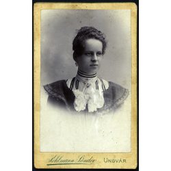   Kohlmann Sándor műterme, Ungvár, Kárpátalja, elegáns nő gyönyörű ruhában, 1890-es évek, monarchia, helytörténet. Eredeti CDV, vizitkártya fotó. 