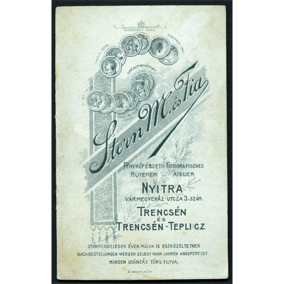 Stern Miksa és Fia műterme, Nyitra (Trencsén), Felvidék, elegáns  fiatal férfi bajusszal, monarchia, 1890-es évek, Eredeti CDV, vizitkártya fotó.   