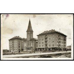   A Kelenföldi Református Egyház „Magyar Advent” temploma és lakóházai, Budapest,  utcakép, üzletek, kirakatok, vallás, város, Horthy-korszak, helytörténet, 1930-as évek, Eredeti képeslap-fotó, papírkép