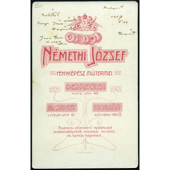 Némethi műterem, Ungvár, Kárpátalja, elegáns házaspár portréja, monarchia, helytörténet, 1907.  1900-as évek, Eredeti, hátulján feliratozott kabinetfotó. 