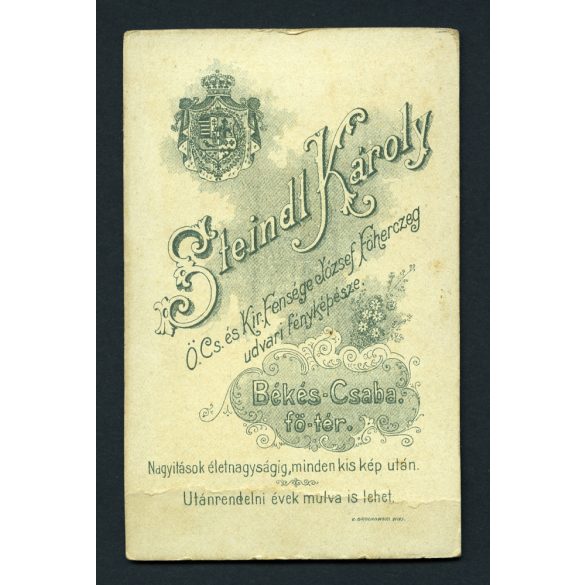 Steindl Károly műterme, Békéscsaba, elegáns karcsú nő gyönyörű ruhában, monarchia, Békés megye, 1900-as évek, Eredeti CDV, vizitkártya fotó.  