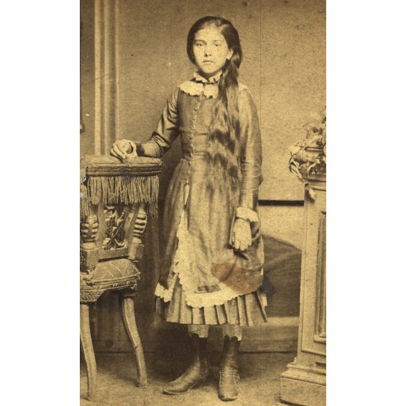 Erdősy Rezső műterme, Vác (Alváros) műterme, elegáns fiatal lány gyönyörű hajjal, Pest megye, monarchia, 1880-as évek, Eredeti CDV, vizitkártya fotó, sarkai kopottak.  