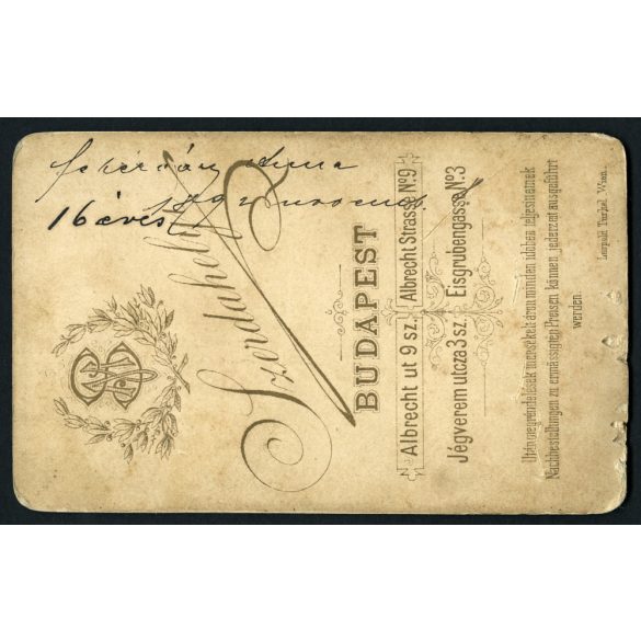 Szerdahelyi műterem, Budapest, Fehérváry Anna 16 éves korában, elegáns fiatal lány kesztyűben, kalappal, monarchia, 1892, 1890-es évek, Eredeti CDV, hátulján feliratozott vizitkártya fotó.  