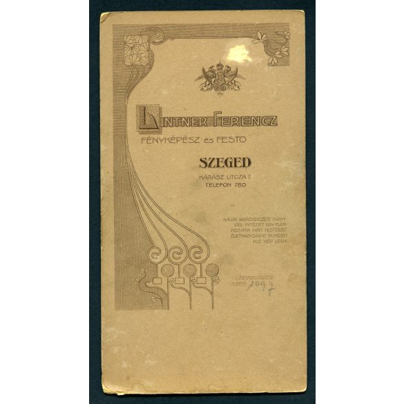 Linter Ferenc műterme, Szeged, esküvő, fiatal pár, vőlegény, menyasszony, monarchia, helytörténet, 1890-es évek, Eredeti  nagyobb méretű kabinetfotó, sarka kopott, felülete enyhén foltos.