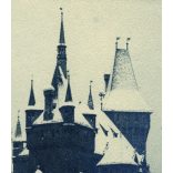 Nagyobb méret, a Vajdahunyad vára télen. Budapest, Horthy-korszak 1930, 1930-as évek, Eredeti fotóról készült művészi nyomat, papírkép „Balla” szignóval.  