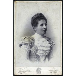   Knauer műterem, Brassó (Kronstadt), Erdély, Friedl Gusztávné, Vasút utca 3., elegáns nő portréja, monarchia, helytörténet, 1880-as évek, Eredeti  kabinetfotó. 