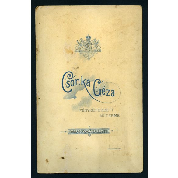 Nagyobb méret, Csonka Géza műterme, Marosvásárhely, Erdély, polgári esküvő, menyasszony, vőlegény, virág fiatal pár, bajusz, monarchia, helytörténet, 1890-es évek, Eredeti  kabinetfotó, felülete enyhé