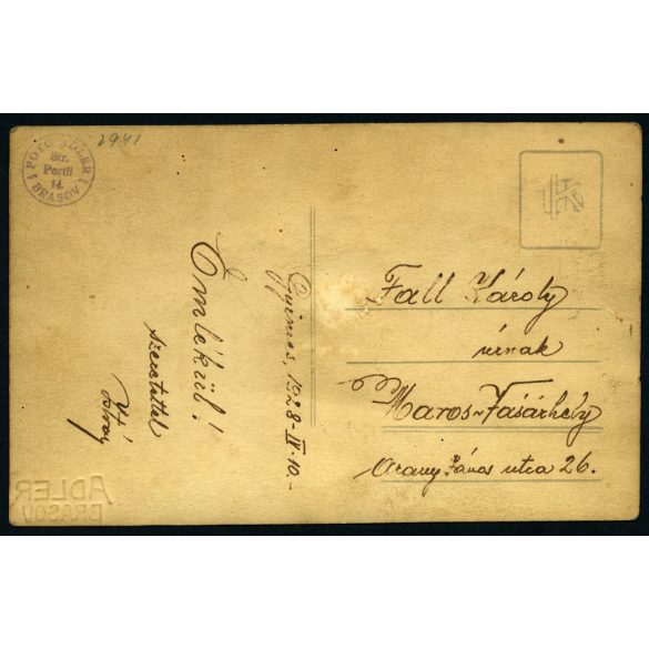 Adler műterem, Brassó (Erdély), kislány szüleivel, családportré,  1928., 1920-as évek, Eredeti mélynyomóval jelzett fotó, papírkép, Gyimesből Fall Károly úrnak Marosvásárhelyre címezve.  