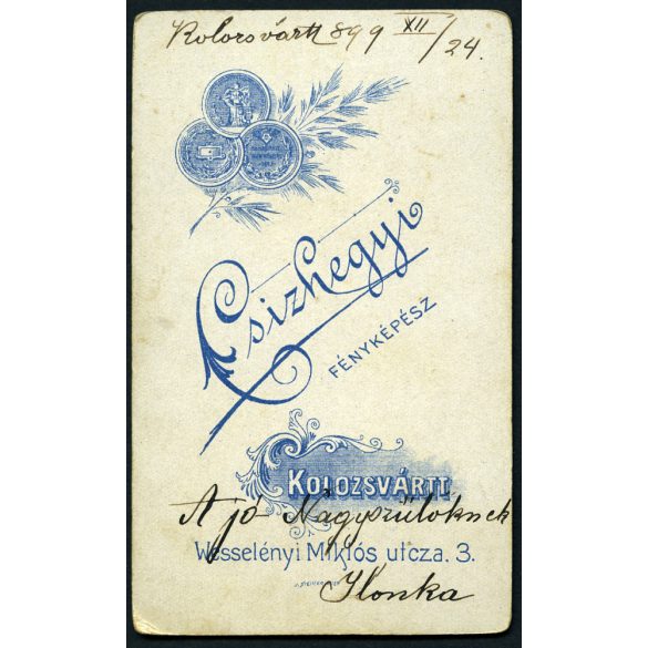 Csizhegyi műterem, Kolozsvár, Erdély,  elegáns gyerek, kislány portréja, monarchia, 1899. XII. 24, 1890-es évek, Eredeti CDV, hátulján feliratozott vizitkártya fotó.  