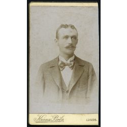   Krauss Béla műterme, Lugos,  Erdély, bajuszos férfi csokornyakkendőben, monarchia, 1890-es évek, Eredeti CDV, vizitkártya fotó, oldala vágott.