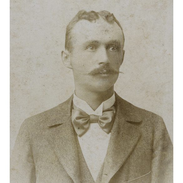 Krauss Béla műterme, Lugos,  Erdély, bajuszos férfi csokornyakkendőben, monarchia, 1890-es évek, Eredeti CDV, vizitkártya fotó, oldala vágott.