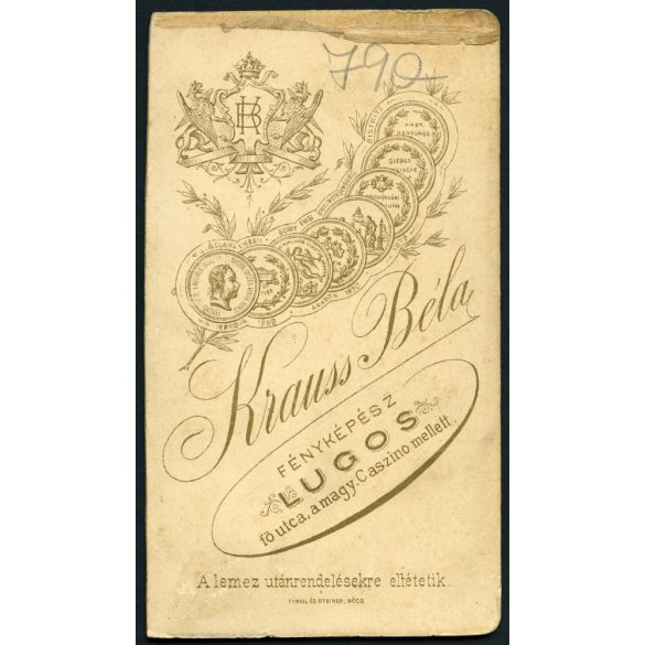 Krauss Béla műterme, Lugos,  Erdély, bajuszos férfi csokornyakkendőben, monarchia, 1890-es évek, Eredeti CDV, vizitkártya fotó, oldala vágott.
