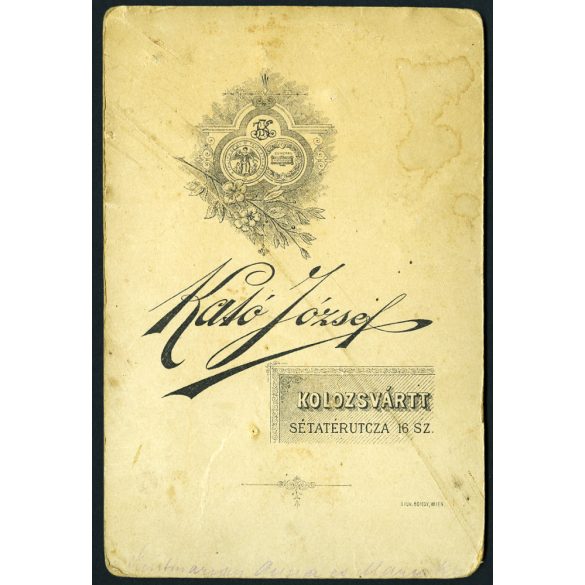 Kató műterem, Kolozsvár, Erdély, kislányok, testvérek kézen fogva virágkosárral, gyönyörű ruhában monarchia, helytörténet, 1892, 1890-es évek, Eredeti ritka kabinetfotó.  