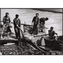   Nagyobb méret, Szendrő István fotóművészeti alkotása, a nagy fogás, halászat a Dunán, 1930-as évek. Eredeti, pecséttel jelzett fotó, papírkép, Agfa Brovira papíron.