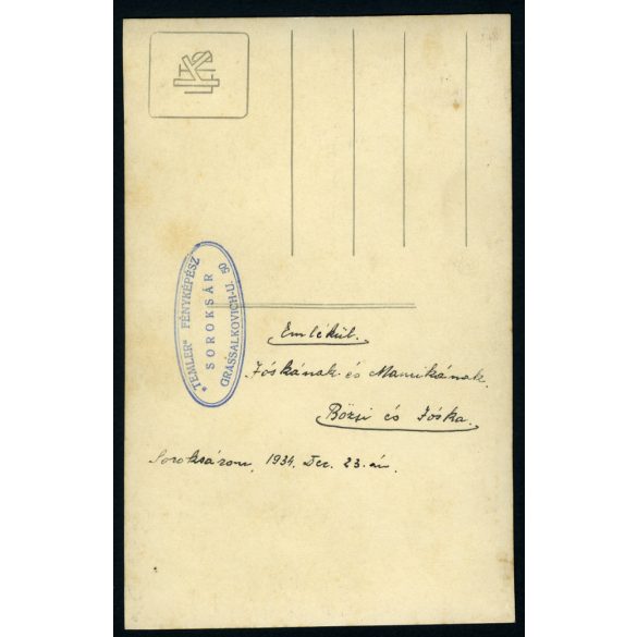 „Temler” fényképész, Soroksár (Budapest), esküvői kép, menyasszony, vőlegény, Horthy-korszak, helytörténet, 1934, 1930-as évek, Eredeti fotó, pecséttel jelzett papírkép. 