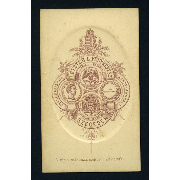 Letzter műterem, Szeged, szakállas férfi csokornyakkendőben, monarchia, 1873, 1870-es évek, Eredeti CDV, dombornyomott vizitkártya fotó.   