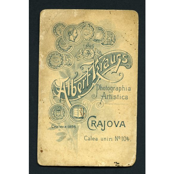 Albert Krauss műterme, Craiova, Olténia, Románia, román katona különös sapkában, egyenruha,  monarchia, 1890-es évek, Eredeti CDV, vizitkártya fotó.  