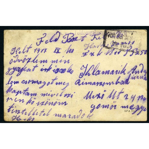 Tábori posta Rimaszombatra címezve, Felvidék, magyar katona egyenruhában, kard, fegyver, bajusz, 1. világháború, 1917., 1910-es évek, Eredeti fotó,  hátulján feliratozott papírkép. 