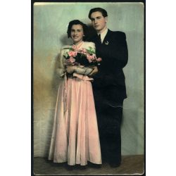   Bánhegyi műterem, Rákoshegy, Budapest, esküvő, menyasszony, vőlegény, Horthy-korszak, helytörténet, 1930-as évek, Eredeti kézzel színezett, pecséttel jelzett fotó, papírkép.   
