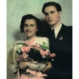 Bánhegyi műterem, Rákoshegy, Budapest, esküvő, menyasszony, vőlegény, Horthy-korszak, helytörténet, 1930-as évek, Eredeti kézzel színezett, pecséttel jelzett fotó, papírkép.   