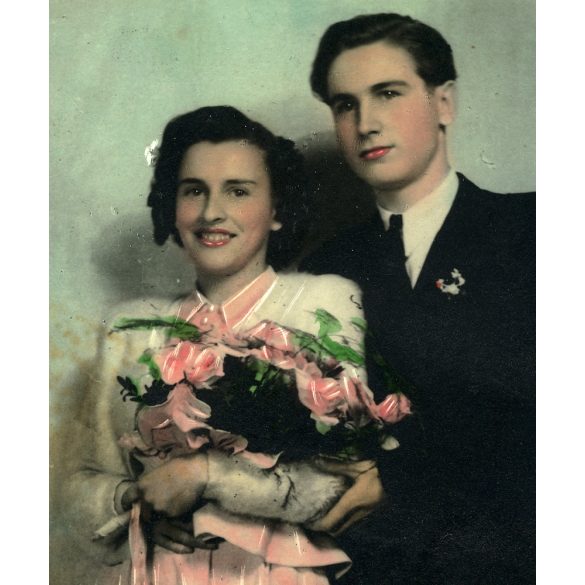 Bánhegyi műterem, Rákoshegy, Budapest, esküvő, menyasszony, vőlegény, Horthy-korszak, helytörténet, 1930-as évek, Eredeti kézzel színezett, pecséttel jelzett fotó, papírkép.   