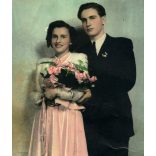 Bánhegyi műterem, Rákoshegy, Budapest, esküvő, menyasszony, vőlegény, Horthy-korszak, helytörténet, 1930-as évek, Eredeti kézzel színezett, pecséttel jelzett fotó, papírkép.   