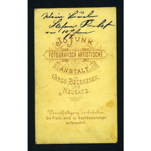 JG. Funk műterme,  Nagybecskerek, Vajdaság, elegáns férfi portréja, nyakkendő, monarchia, 1880-as évek, Eredeti hátulján feliratozott CDV, vizitkártya fotó.  