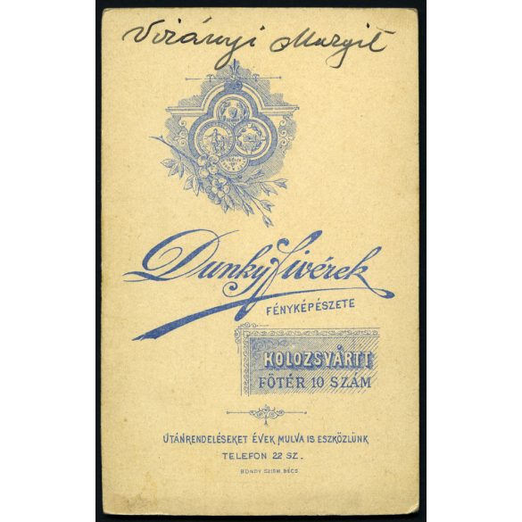 Dunky fivérek műterme, Kolozsvár, Erdély, Virányi Margit, elegáns nő portréja, gyönyörű ruha, monarchia, 1880-as évek, Eredeti CDV, hátulján feliratozott vizitkártya fotó.