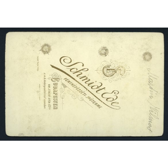 Schmidt műterem, Budapest, Martin Vilmos keménykalapban, elegáns úr portréja, különös háttér,  monarchia, 1880-as évek, Eredeti, hátulján feliratozott kabinetfotó.  