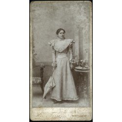   Nagyobb méret, Hess és Társa műterem, Temesvár, Erdély, elegáns hölgy gyönyörű ruhában, csipke, napernyő, virág, monarchia, 1890-es évek, Eredeti kabinetfotó, felülete enyhén foltos.