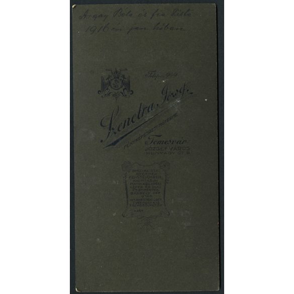 Szenetra József műterme, Temesvár Józsefváros, Erdély, Argay Béla és fia, Pista, apa fiával, monarchia, helytörténet, 1916, 1900-as évek, Eredeti, hátulján feliratozott kabinetfotó.